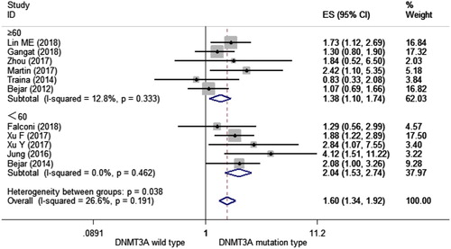 Figure 3. Forest plot of the HR and 95% CI for OS in MDS patients with DNMT3A mutations stratified by age (<60 and ≥60) by a fixed-effect model.