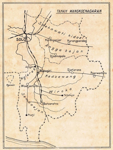 Figure 5. Novel illustration, map of the Mangkunegaran area (Bocah Mangkunegaran, 1937, 37).