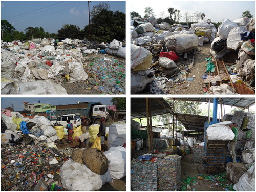 Photos 1–4. Clockwise from top left: (1) Sujapur's economic geography centers on an informal plastic waste recycling industry. (2) Piles of plastic waste can be observed along the highway and in the streets of the cluster. These plastics are sorted, cleaned and recycled. (3) Workers color sorting junk plastics. (4) Worker at a small waste processing firm, operating a machine to crush sorted plastic water bottles into compressed bundles (Photos by authors).