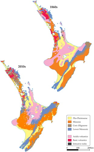 Figure 2. Simplified geological maps of the North Island. Upper: redrafted after Hector (Citation1869) in Nathan (Citation2014). Lower: Edbrooke et al. (Citation2015). The legend for both maps is based on Hector (Citation1869).
