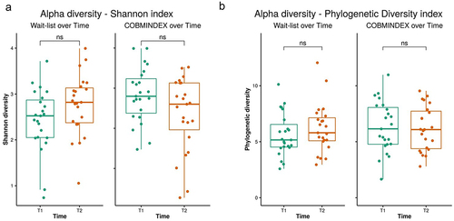 Figure 4. Alpha diversity did not differ in COBMINDEX and wait-list groups over time.