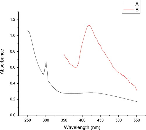 Figure 1. Absorbance of nano solution with AgNO3 solution. Silver nitrate solution (A); Silver Nano solution (B).