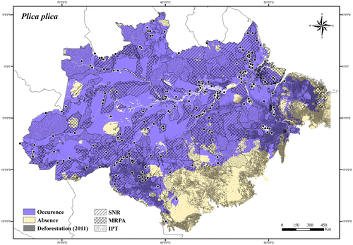 Figure 115. Occurrence area and records of Plica plica in the Brazilian Amazonia, showing the overlap with protected and deforested areas.