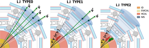 Figure 3. Schematic pictures of the lepton-jet classification according to the γd decay products. Notes: Three flavors are considered: lepton-jets formed of only muons (TYPE0), a mixed scenario with both muons and a jet (TYPE1), or only a jet (TYPE2).