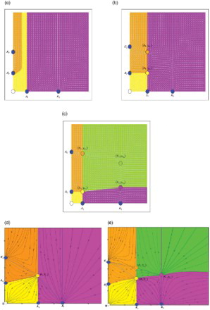 Figure 4. (a) Zero interior fixed point, (b) two interior fixed points, (c) four interior fixed points, (d) one interior fixed point and (e) three interior fixed points.