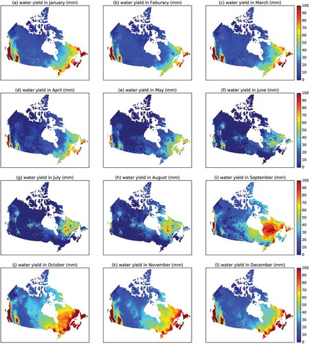 Figure 8. Mean monthly water yield (mm) across Canada, 1979–2016