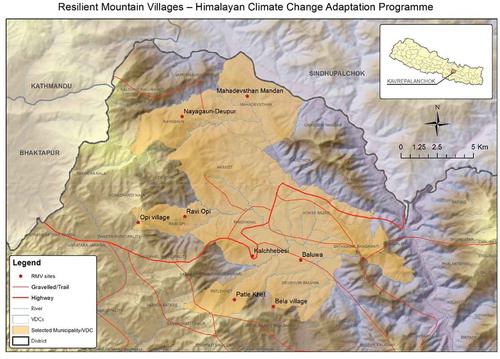 Figure 1. Study area for Resilient Mountain Village project in Kavre district of Nepal.(Source: ICIMOD).