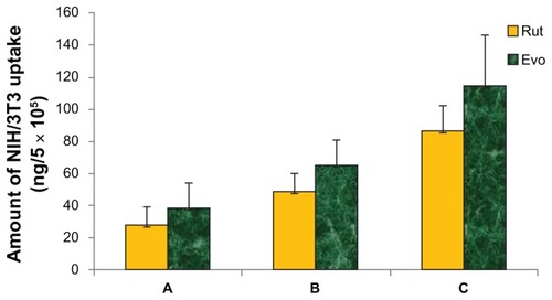 Figure 5 Effect of different formulations (A) microemulsion, (B) tincture, and (C) aqueous suspension, on the amount of Evo and Rut uptake by mouse skin fibroblasts.