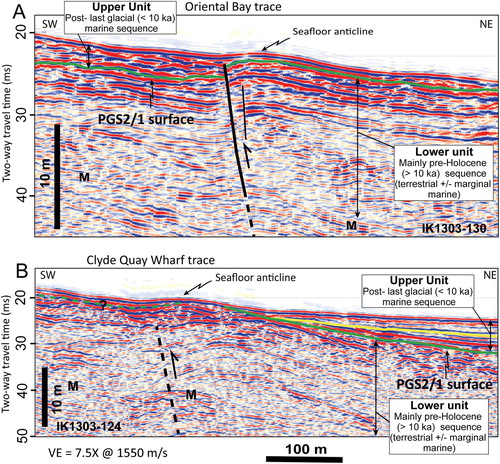 Figure 10. Boomer seismic reflection profiles across the Oriental Bay (A) and Clyde Quay Wharf traces (B) of the Aotea Fault. In both sections the fault is interpreted where asymmetrically folded hanging wall and footwall reflections appear to be cut off. The dashed line type in B reflects relatively increased uncertainty in the precise position of the fault plane. See Figures 6–7 for locations, and the Supplementary Material Figure S4 for un-interpreted sections. M denotes the seabed multiple.