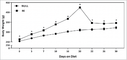 Figure 3. Mean body weight (±SEM, g) of either NULL or RE rats fed a HF diet for 30 days. *Significantly different between NULL and RE groups (p's < .05).