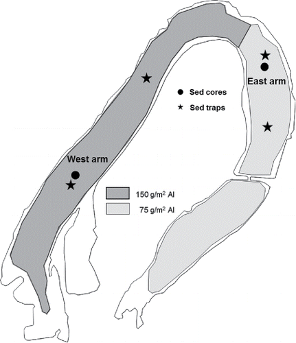 Figure 1. Half Moon Lake, Wisconsin, showing 2011 buffered aluminum treatment areas, dosages, and sediment sampling locations.