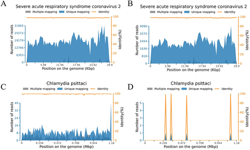 Figure 2 Detection depths and coverage of SARS-CoV-2 Omicron XBB.1 and Chlamydia psittaci in different sample types. (A and B) Detection depths and coverage of SARS-CoV-2 Omicron XBB.1 in (A) BALF and (B) nasopharyngeal swab specimens. (C and D) Detection depths and coverage of C. psittaci in (C) BALF and (D) nasopharyngeal swab specimens.