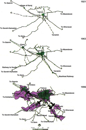Figure 1. Structural evolution of the Tehran–Karaj urban region, modified from Ghamami et al. (Citation2006).