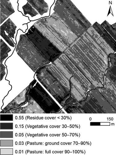 Figure 6. Land cover map derived using a 0.5-m resolution from the WorldView-2 satellite imagery and representing C factor values for the Revised Universal Soil Loss Equation (RUSLE). Bare soil, being mostly tilled plots, with little residue cover (< 30%) have the highest C value of 0.55. C value decreases with increasing % of vegetative cover on the ground to reach the lowest C value of 0.01 for grass (mostly pasture plots), being 90–100% vegetative (full) cover. Note that in the above, a plot can have different vegetative cover types in different areas of the plot, e.g. bare soil, ~70% vegetation cover and grass.