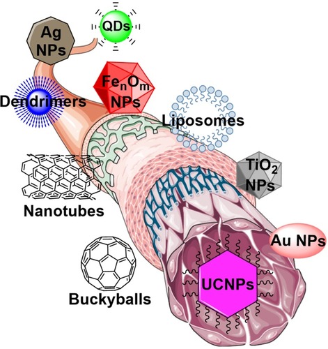Figure 1 Most commonly used nanomaterials in nanomedicine manufactured from different substances.Note: The figure was produced by smart servier medical art library in combination with ChemDrew.