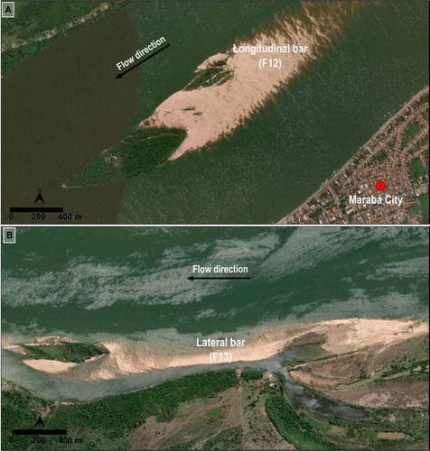 Figure 5. Geomorphic features within the channel unit. Location of photos and images in Figure 2(C): (A) Longitudinal bar attached in vegetated bar; (B) Lateral bar with vegetated and non-vegetated. Digital Globe, GeoEye, CNES/Airbus DS Change updated: August 8, 2019 to Accessed: August 8, 2019. Location in Figure 2.