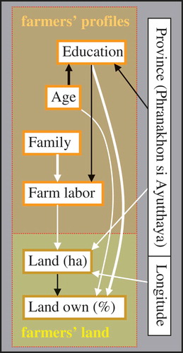 Figure 3. Data variation of respondent and land possession variables as explained by independent predictors (farm variables). The arrows indicate the predictor variables (at the start of the arrows) that were significant in the models to explain the dependent variables (at the end of the arrows). The arrows may or may not imply causality. White arrows represent positive and black arrows represent negative correlations (in multivariate models). The thickness of the arrows indicates the significance level of the correlation from the thickest (p < .0005), medium (p < .005), to the thinnest (p < .05). ‘Farm type’ and ‘province’ refer to ‘organic, extensively managed farms’ (EF) and ‘Ayutthaya province’ (PNA), respectively.