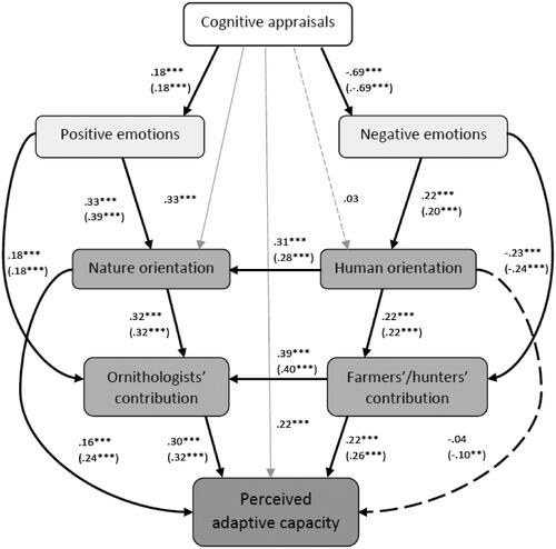 Figure 2. Psychological predictors of perceived adaptive capacity in a path model (bold paths = basic model, gray paths = additional paths in extended model, dotted lines = non-significant paths, path coefficients in extended model (in brackets, path coefficients in basic model)).