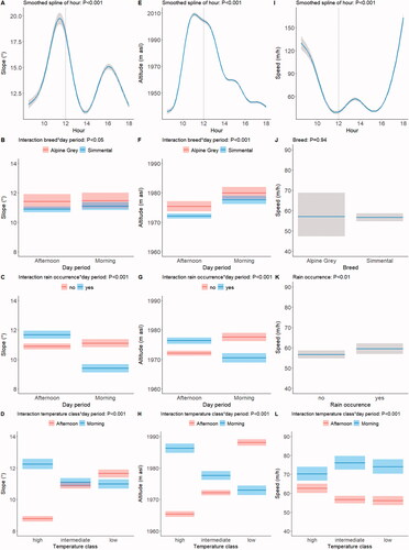 Figure 3. Effects of the smoothed spline of hour, and of the interactions breed by day period, rain occurrence by day period, and temperature class by day period on the slope (panels A, B, C and D, respectively) and on the altitude used (panels E, F, G and H, respectively), and effects of the smoothed spline of hour, breed, rain occurrence and the temperature class by period interaction on speed (panels I, J, H and K, respectively). Shaded areas indicate 95% confidence intervals. The vertical dotted line in panels A, E and I indicate the separation between the morning and afternoon day periods at 12 am. For details of the parametric coefficients of the statistical models see Supplementary Table S2.