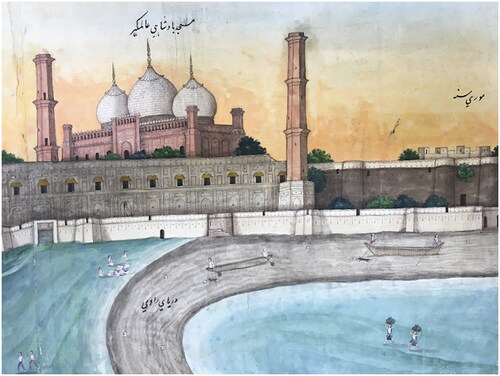 Figure 2. A section showing the ‘Ravi Darya’ or Ravi river flowing next to the Lahore city walls, against the minarets of the Badshahi/Alamgiri Mosque.Source: Hand-painted scroll, ‘Panoramic Depiction of the Fort and Old City Walls of Lahore’, late eighteenth–early nineteenth century. © The British Library Board.Footnote51 Image courtesy: Radha Kapuria.