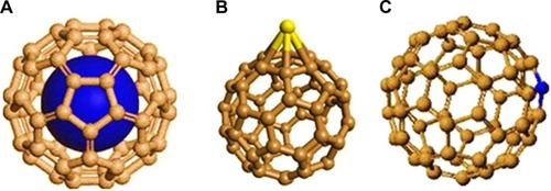 Figure 7 Endohedral fullerene (A), exohedral fullerene (B) and heterofullerene (C).