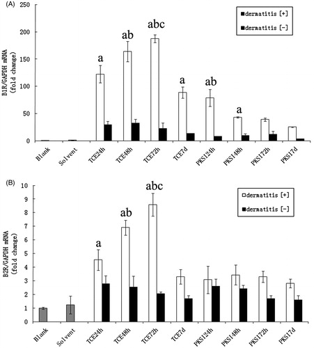 Figure 6. RT-PCR analysis of B1R and B2R in kidney. (A and B) Data for B1R and B2R, respectively. Expression levels were normalized against GAPDH. Data shown are means ± SD. aValue significantly different vs solvent control; bvs corresponding TCE group; and cvs corresponding PKSI + group (all p < 0.05).