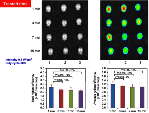 Figure 4 Investigation of various treatment time from 1 to 15 mins at 50% of duty cycle and 0.1 W/cm2 of intensity. Fluorescence from Cy5.5 was detected and normalized by IVIS. Comparisons of the treated time were against the 1 mins using Student’s t-test (n=3). *P<0.05 and **P<0.005.Abbreviation: IVIS, in vivo imaging system.