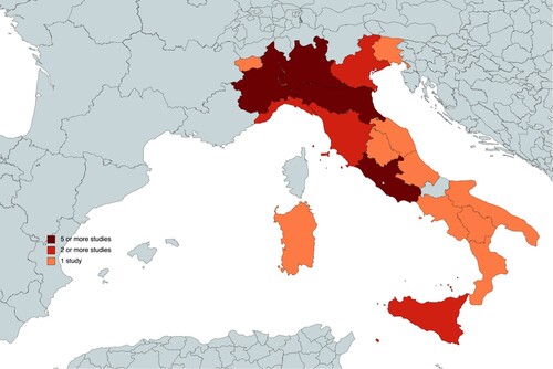 Figure 2. Geographical location of included studies. Latium = 7, Piedmont = 7, Emilia-Romagna = 5, Tuscany = 4, Sicily = 2, Veneto = 2, Liguria = 2, Calabria = 1, Sardinia = 1, Basilicata = 1, Campania = 1, Apuglia = 1, Abruzzo = 1, Marche = 1, Umbria = 1, Friuli-Venezia Giulia = 1, Aosta Valley = 1.