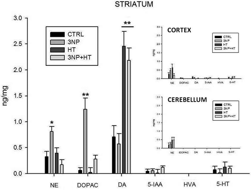 Figure 5. Determination of biogenic amines in the striatum, cerebellum and cortex of rats treated with 3-NP (20 mg/Kg, i.p., 3 doses, 0,12 and 24 h) and the effect of whole body hyperthermia pretreatment (WBH 42°C, 30 minutes). NE, norepinephrine; DOPAC, 3,4-dihydroxyphenylacetic acid; DA, dopamine; 5-HIAA, 5-hydroxyindole-3-acetic acid; HVA, homovanillic acid; 5-HT, 5-hydroxytryptamine. Groups: Control (CTRL); rats treated with 3-nitropropionic acid (3NP); rats treated with 3NP plus whole body hyperthermia 30 minutes (3NP + HT) and rats treated only with whole body hyperthennia 30 minutes (HT). Values are means ± SEM. *p = 0.014 versus CTRL. ** p < 0.001 versus CTRL.