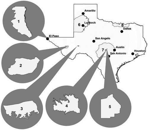 Figure 1. Location of the eight American Viticultural Areas (AVA) in Texas: 1) Mesilla Valley, 2) Texas Davis Mountains, 3) Escondido Valley, 4) Fredericksburg in the Texas Hill Country, 5) Bell Mountain, 6) Texas High Plains, 7) Texas Hill Country, and 8) Texoma (Takow et al., Citation2013).