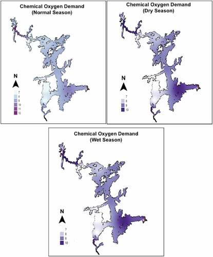 Figure 8. Spatial distribution of Chemical Oxygen Demand during normal, dry, and wet seasons.