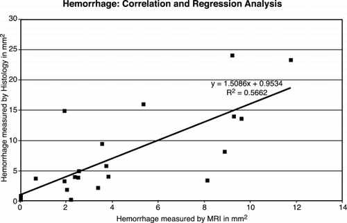 Figure 3. Regression line for the accuracy of measurements of hemorrhage comparing histology and MRI.