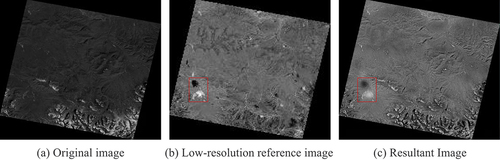 Figure 2. An example illustrating the influence of clouds and their shadows on the color correction results. The red box is used to indicate the area that contains clouds and cloud shadows. (c) the result is generated by the unimproved algorithm using texture information extracted from (a) and tonal information obtained from (b).