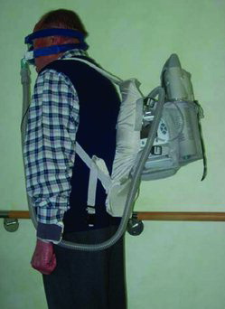 Figure 3. A chronic obstructive pulmonary disease patient during a 6-minute walking test while walking with a backpack [Reproduced by permission of Dr. Wolfram Windisch from Dreher et al. (Citation52)].