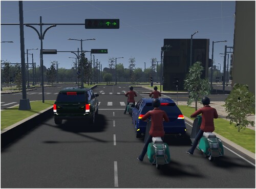 Figure 7. The autonomous vehicle (blue car) prepares to turn right, together with the motorcycles.