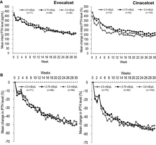 Figure 1 Trends in mean intact PTH level (A) and mean percent change in intact PTH level (B) by dialysate calcium concentration in patients treated with evocalcet and cinacalcet.