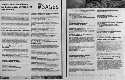 Figure 3. The double page spread of advertisements for 35 posts throughout Scotland that appeared in Nature on 29 June 2006. The advertisement also appeared in Science.