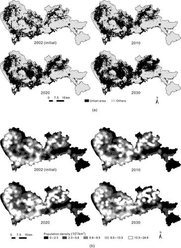 Figure 6. (a) Simulated built-up areas and (b) simulated population densities for spatial optimization in the planning period.
