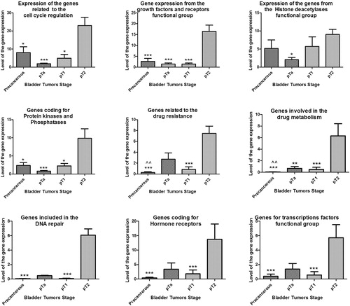 Figure 1. Relative expression level of genes from PAHS-507 Z and PAHS-004 PCR arrays of precancerous, non-invasive (pTa, pT1), and invasive bladder pT2 tumors.Note: 4.0-fold change in gene expression was used as cut-off threshold to determine upregulation or downregulation compared to negative control; ‘*’ denotes p < 0.05, ‘**’ - p < 0.01, and ‘***’ – p < 0.001 significant difference in gene expression between pT2 and other bladder cancer samples; ‘^^’ denotes p < 0.01 significant difference in gene expression between pTa and precancerous samples.