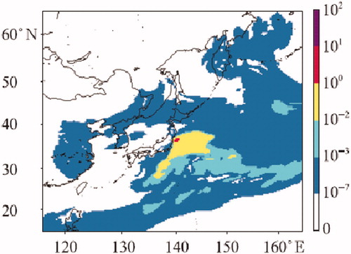 Fig. 6. Distribution of depositional radioactive particles (A25J) from the Fukushima NPP accident at 09:00 (UTC) on 29 March 2011 simulated by Model-3/CMAQ (Xiangwang et al., Citation2012).