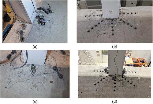 Figure 10. External strengthened connections: (a) connection B1 before strengthening; (b) connection B1 at the end of the test; (c) connection C3 before strengthening; (d) connection C3 at the end of the test.