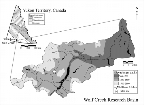 FIGURE 1. Study site in the Wolf Creek Research Basin, Yukon Territory. Inset shows permafrost distribution in the Yukon (after CitationHeginbottom et al., 1995)