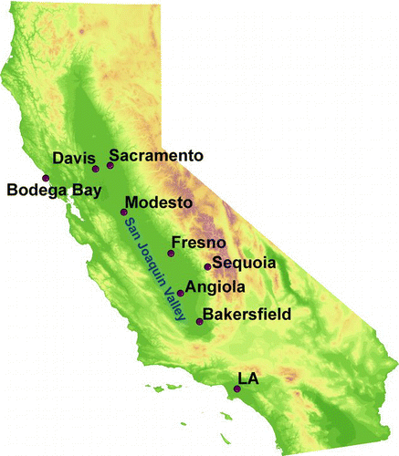 FIG. 1 Particle size-distribution observation sites and terrain in California.