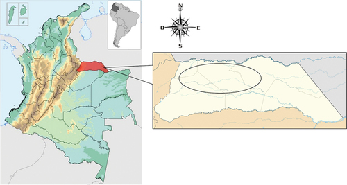 Figure 1. Red color: location of the department of Arauca, Colombian orinoquia. Circle: area where the farms were sampled.