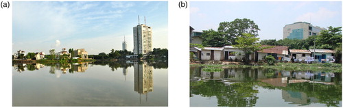 Figure 3. Income-based spatial segregation in Colombo wetlands. A, ‘Beautified’ wetlands and modern apartment buildings; western end; B, haphazard low-income settlements; northern, eastern end. The two sites are only 1 km apart.