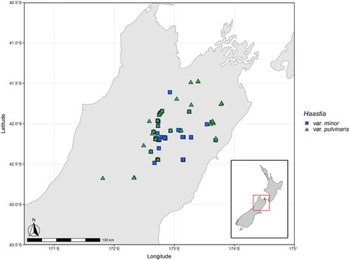 Figure 10. Distribution map of the two Haastia pulvinaris varieties in the northern Te Waipounamu – South Island of Aotearoa – New Zealand based on recorded location data from all CANU and CHR specimens with sufficiently detailed location data.
