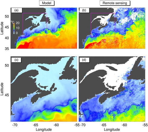 Fig. 7 Comparison of simulated (a) and (c) and observed (b) and (d) 5-day mean sea surface temperatures over the PM domain (upper panels) and the CM domain (lower panels) in the TWN-CR experiment on 7 February 2003. White areas in (b) and (d) mean that the remotely sensed SST data over these areas were missing because of cloud cover or the presence of sea ice.