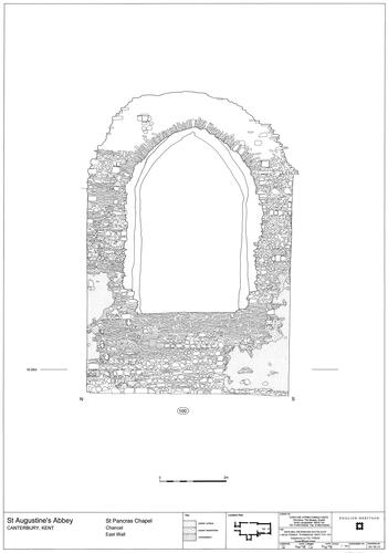 Fig 4. St Pancras Chapel, chancel, east wall. Elevations of the chapel of St Pancras. Figures 4–7 and 12–14 are published here in their original form and with their original captions to render them of maximum use to other scholars. Figures 8–11 have had to be cropped and modified due to practicalities of publication, but the elevations depicted are unaltered. The complete original versions of all the drawings are available online© Historic England