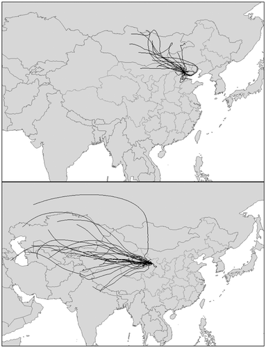 Fig. 2. Seventy-two-h air mass backward trajectories for all sampling dates at the Beijing CRAES site and the Menyuan site, based on NOAA HYSPLIT model back trajectories.