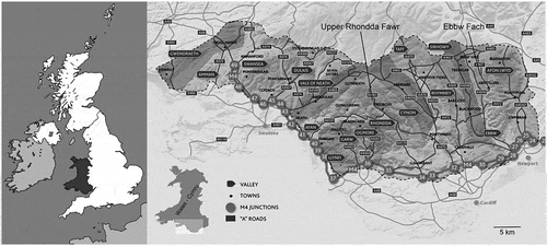 Figure 2. The south Wales valleys. Note: Locations of the study communities with respect to UK (left panel) and Wales (inset). Source: David H. Llewellyn.